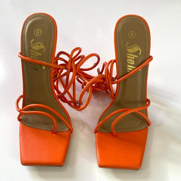 Orange lace up, strappy heels. Worn once - Picture 1 of 2